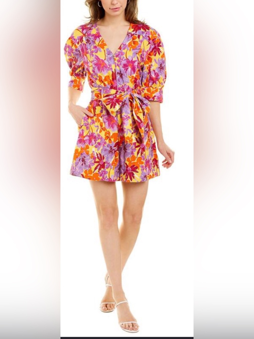 Tanya Taylor Floral Linen Blend Belted Romper Yellow Purple V-Neck NWOT US 6